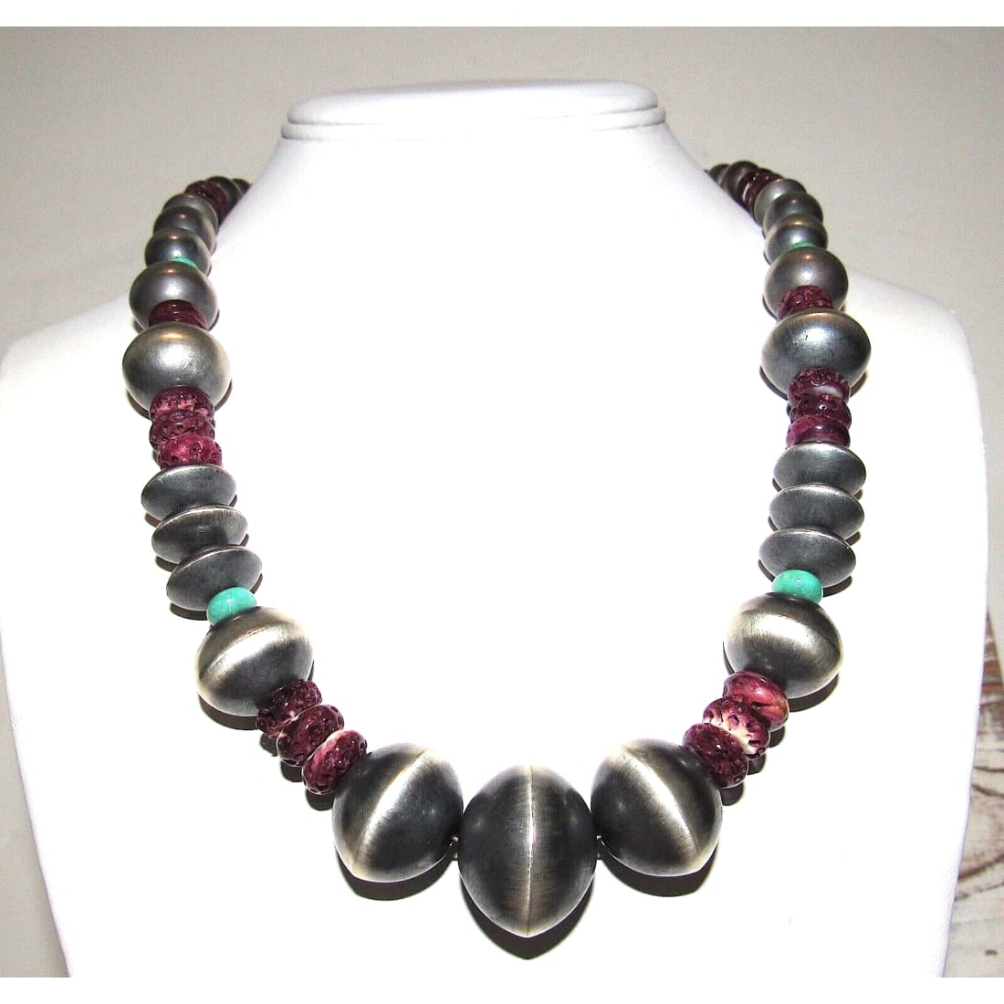 Sterling Navajo Pearls Purple Spiny & Turquoise 22” Signed