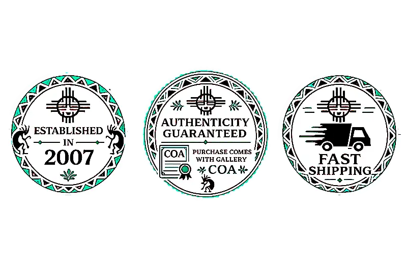 Three circular seals with turquoise and black geometric borders, each featuring a central zia sun symbol and distinct text: ’established in 2007,’ ’authenticity guaranteed’ with coa details, and ’fast