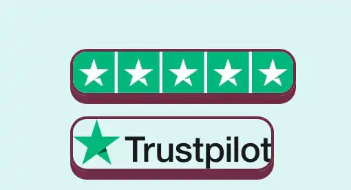 Trustpilot logo with five green stars in a rating display.