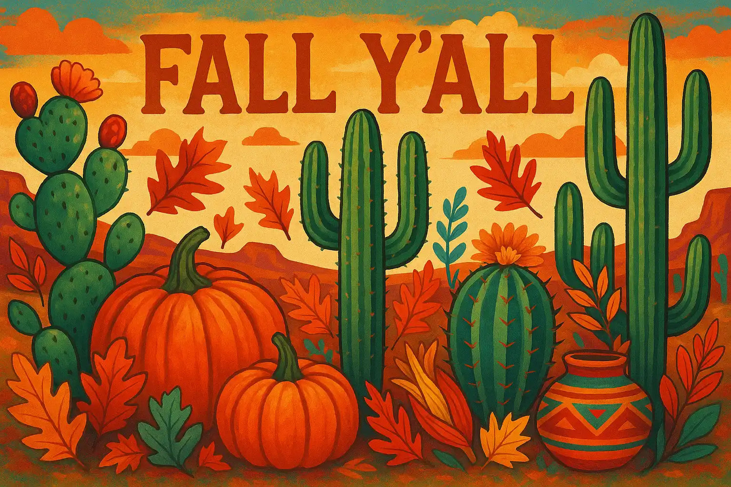 A vibrant, autumnal desert landscape with cacti, pumpkins, and fall leaves.