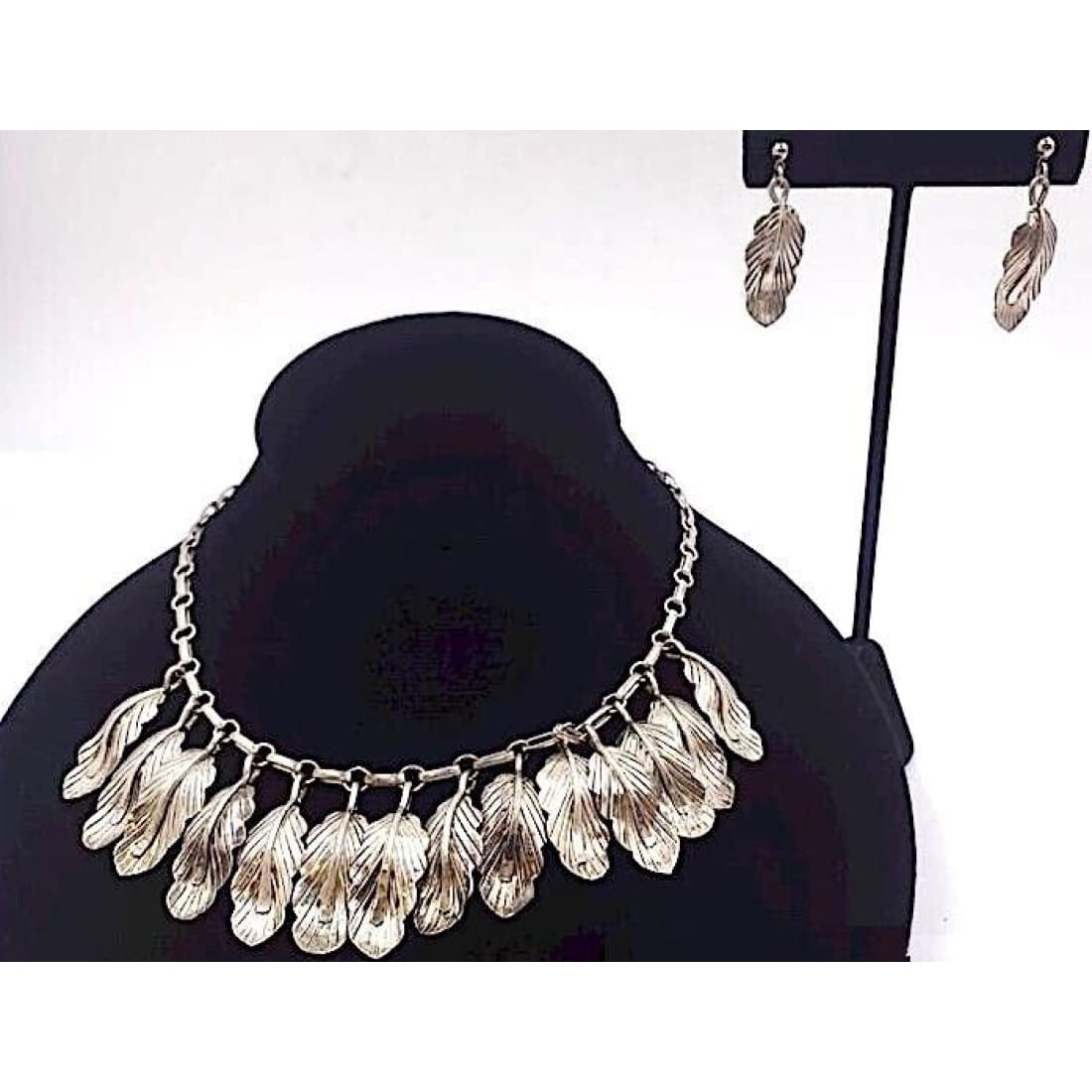 Vintage Navajo Feather Necklace Earrings Set Sterling Silver