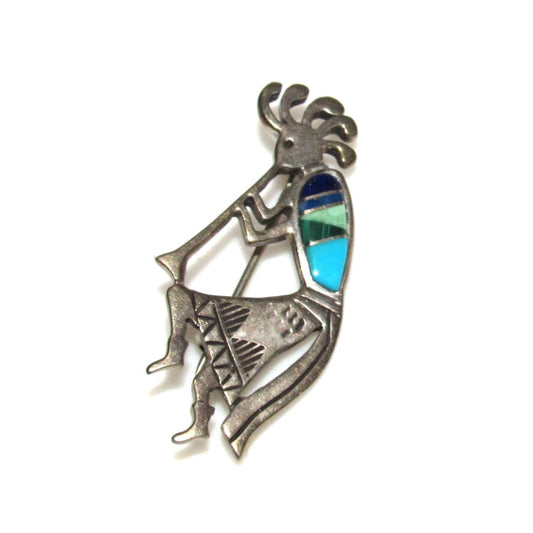 Vintage Navajo Inlay Kokopelli Pin Pendant Brooch Sterling