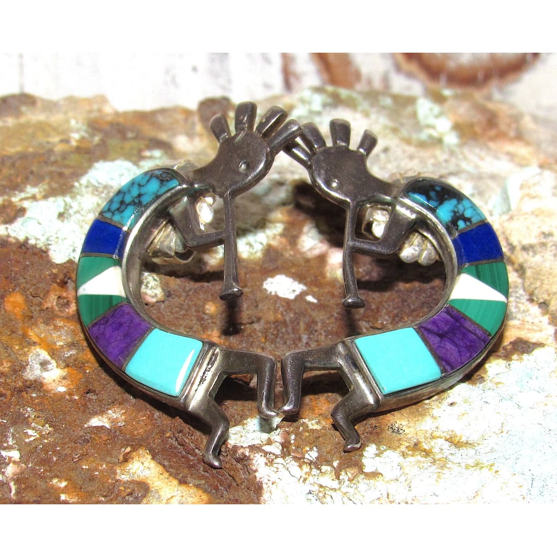 Vintage Navajo Stud Earrings Kokopelli Turquoise Inlay