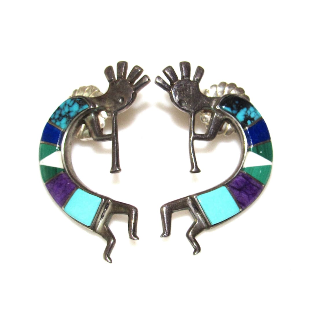 Vintage Navajo Stud Earrings Kokopelli Turquoise Inlay