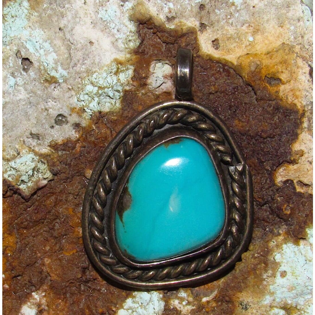 Vintage Navajo Turquoise Pendant Sterling Silver Old Pawn