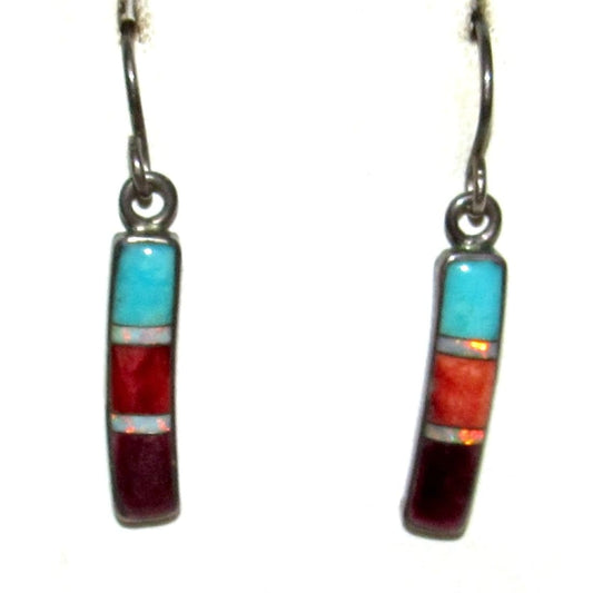 Vintage Zuni Inlay Dangle Earrings Turquoise Spiny Oyster