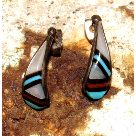 Vintage Zuni Inlay Half Hoop Post Earrings Turquoise Coral