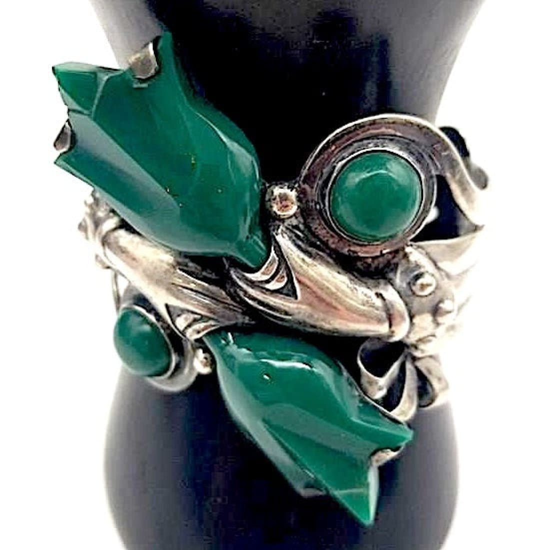 VTG Massive Taxco Mexico Cuff Bracelets Green Onyx Sterling