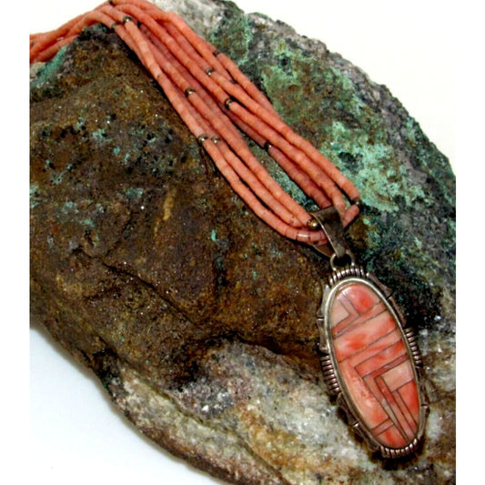 VTG Navajo Angel Skin Coral Multi Strand Necklace Pendant
