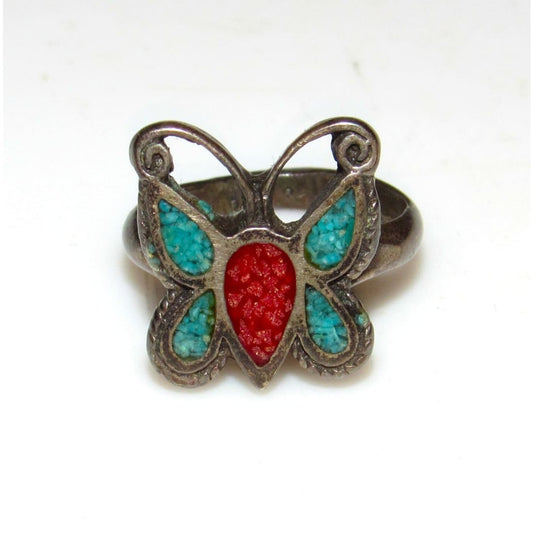 VTG Navajo Butterfly Ring Sz 5 Sterling Turquoise Coral