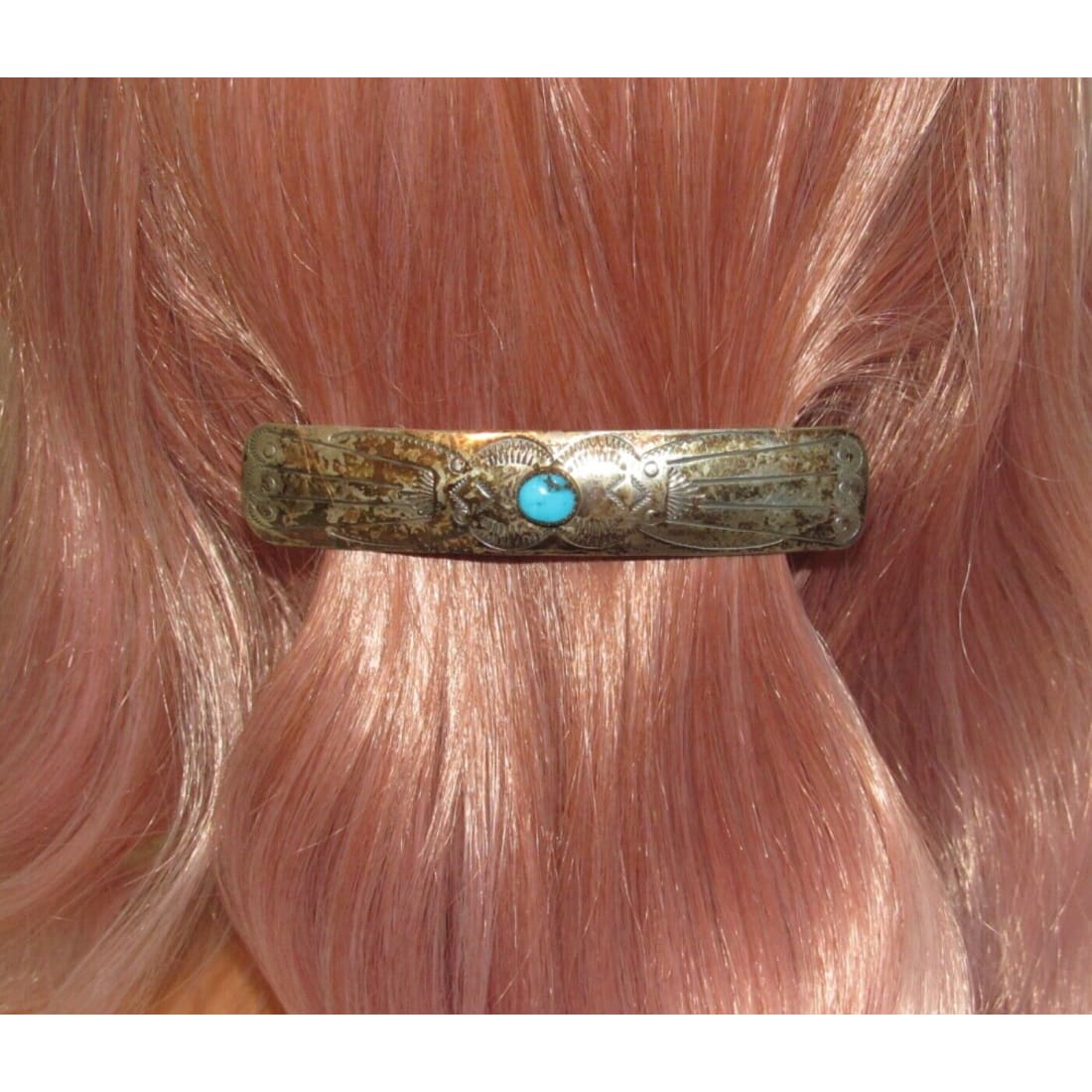 VTG Navajo Ingot Sterling Hair Barrette Kingman Turquoise