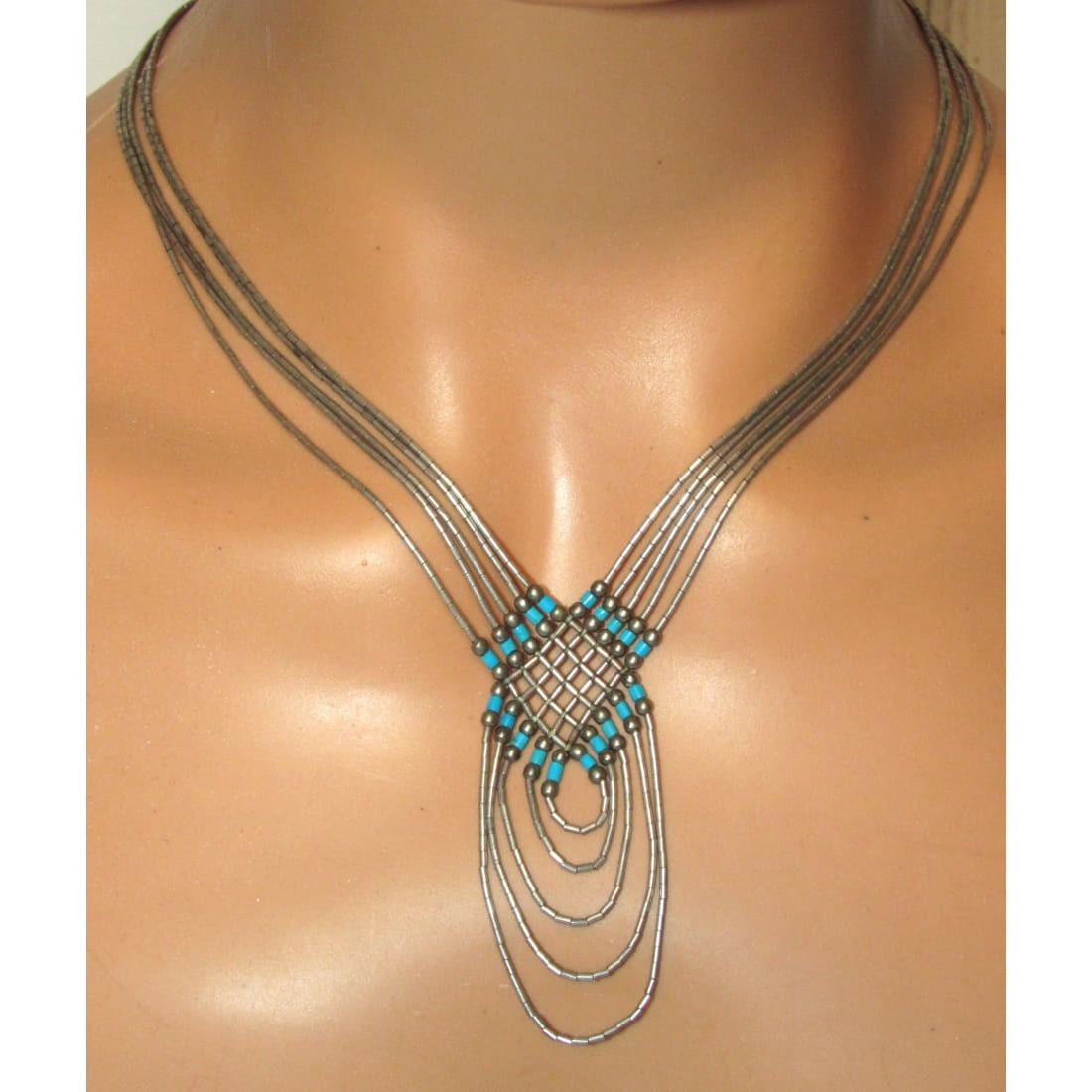 VTG Navajo Liquid Silver Turquoise Necklace Sterling Silver