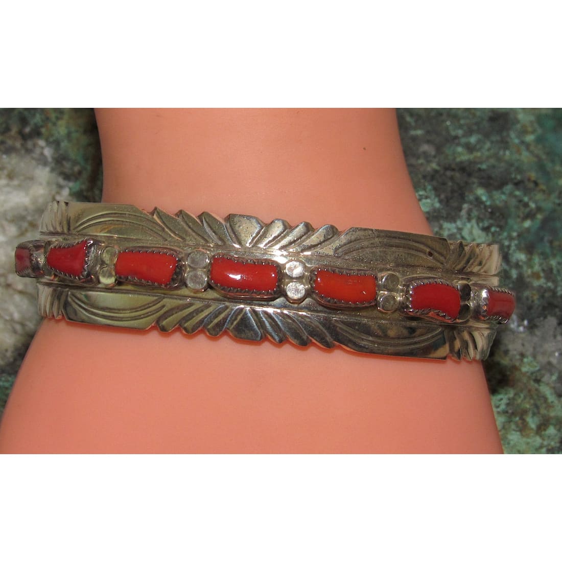 VTG Navajo Mediterranean Coral Cuff Cluster Bracelet