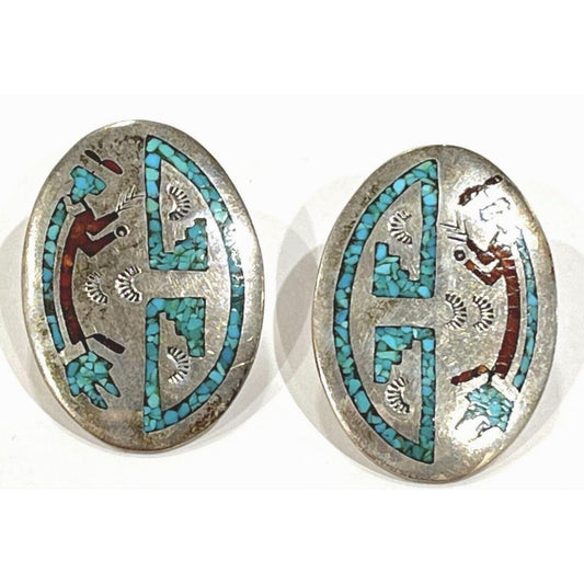 VTG Navajo Singer Turquoise Coral Inlay Yei Earrings
