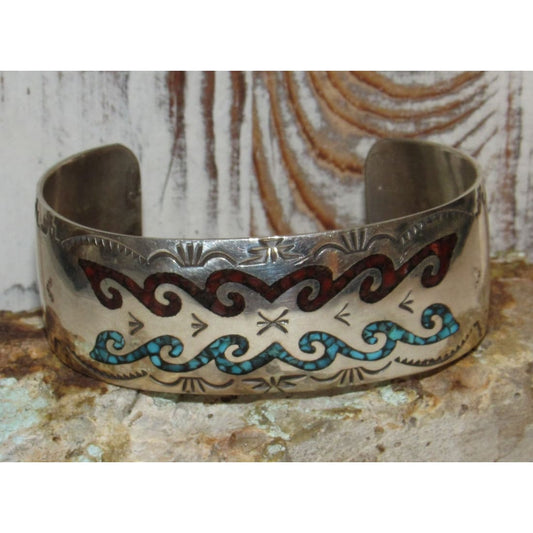 VTG Navajo Sterling Silver Turquoise Coral Chip Inlay