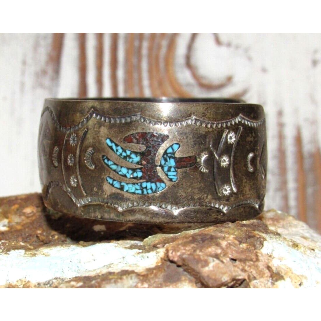 VTG Navajo Sterling Silver Turquoise Coral Inlay Statement