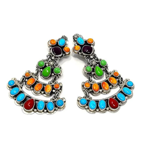 VTG Navajo Turquoise Dangle Earrings Orange Red Spiny