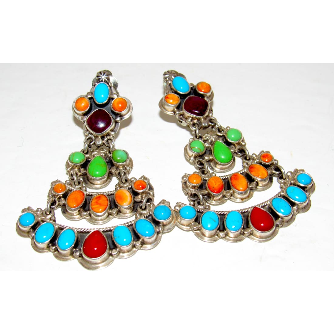VTG Navajo Turquoise Dangle Earrings Orange Red Spiny