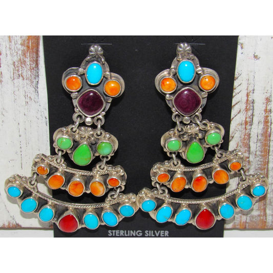 VTG Navajo Turquoise Dangle Earrings Orange Red Spiny