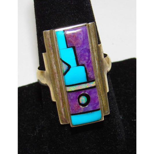VTG Navajo Turquoise Sugilite Inlay Ring Sz 9 Sterling