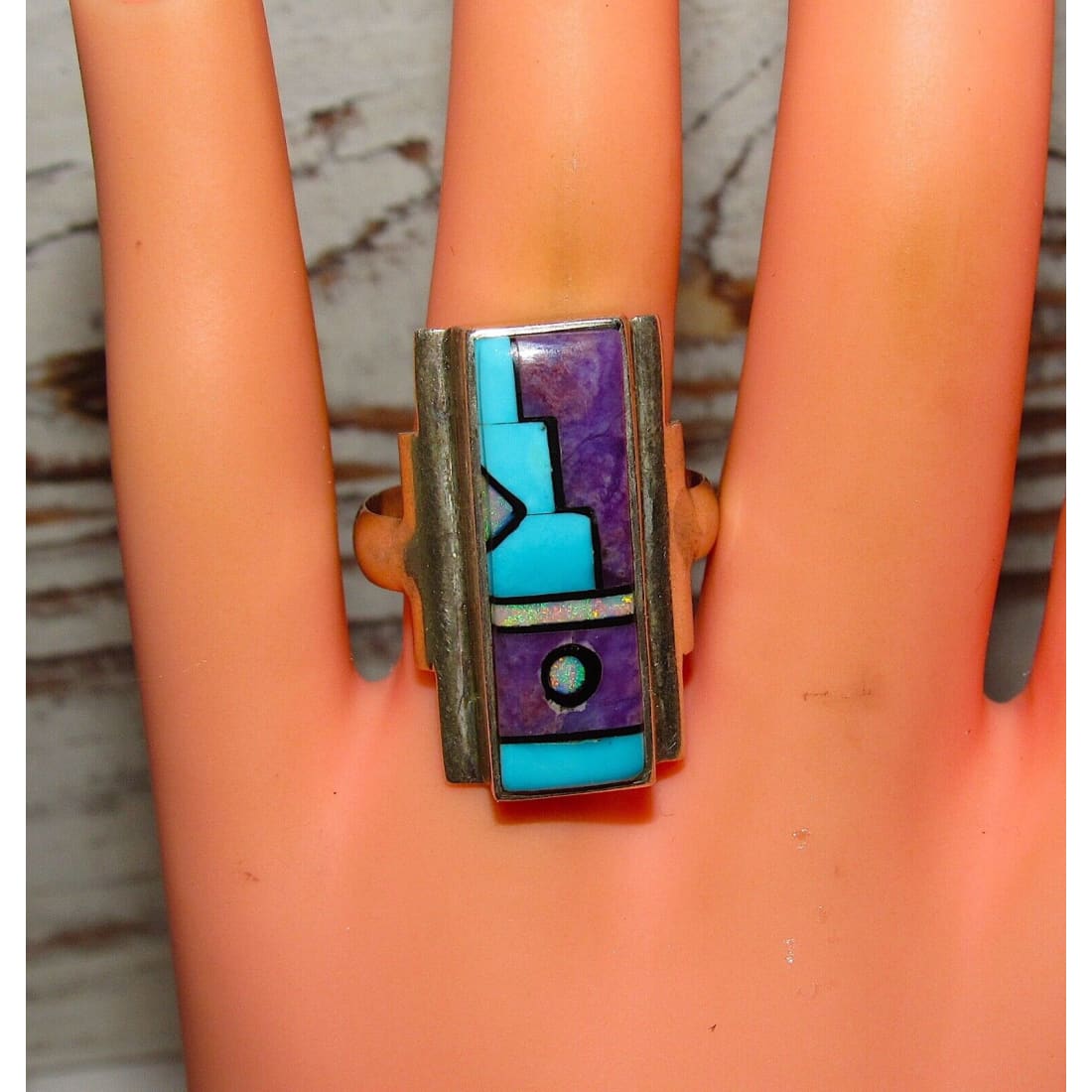 VTG Navajo Turquoise Sugilite Inlay Ring Sz 9 Sterling