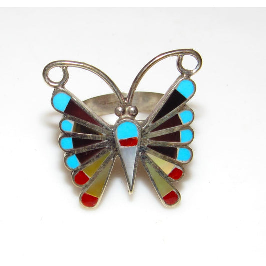 VTG Onyx & Turquoise Butterfly Zuni Sterling Inlay Ring