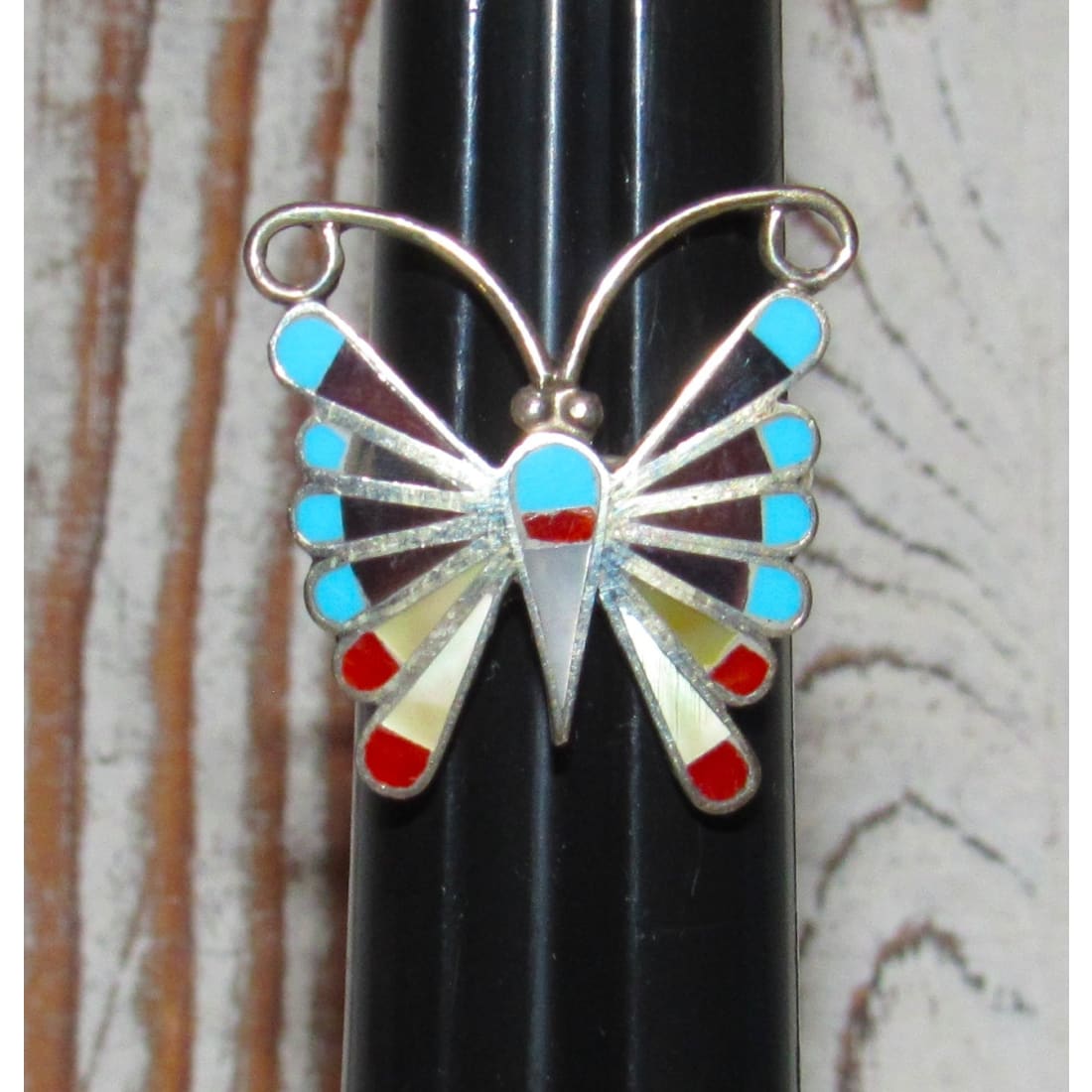 VTG Onyx & Turquoise Butterfly Zuni Sterling Inlay Ring