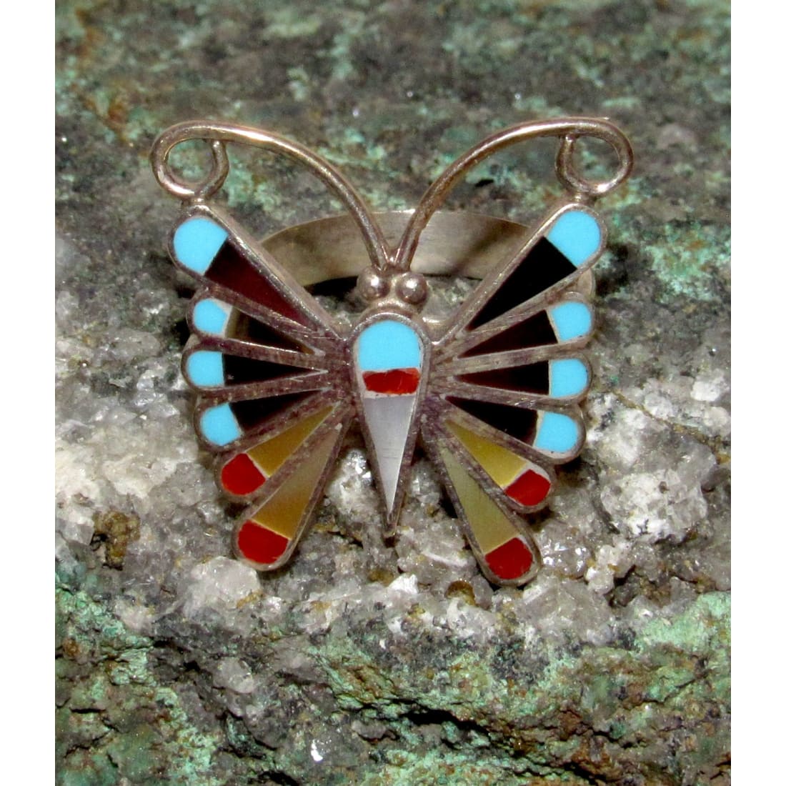 VTG Onyx & Turquoise Butterfly Zuni Sterling Inlay Ring