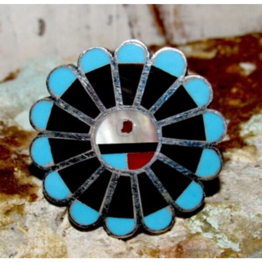 VTG Onyx & Turquoise Sun Face Zuni Sterling Silver Inlay
