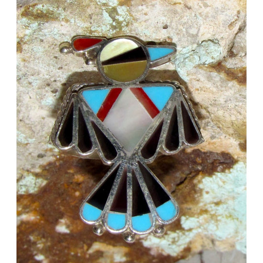 VTG Onyx & Turquoise Thunderbird Zuni Sterling Silver Inlay