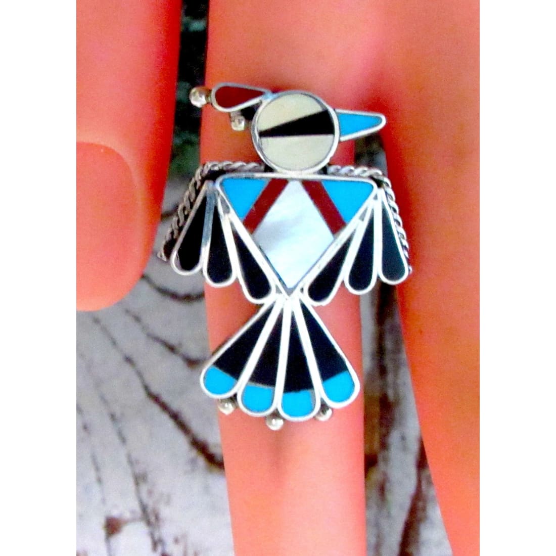 VTG Onyx & Turquoise Thunderbird Zuni Sterling Silver Inlay