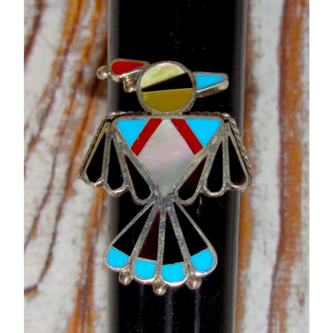 VTG Onyx & Turquoise Thunderbird Zuni Sterling Silver Inlay