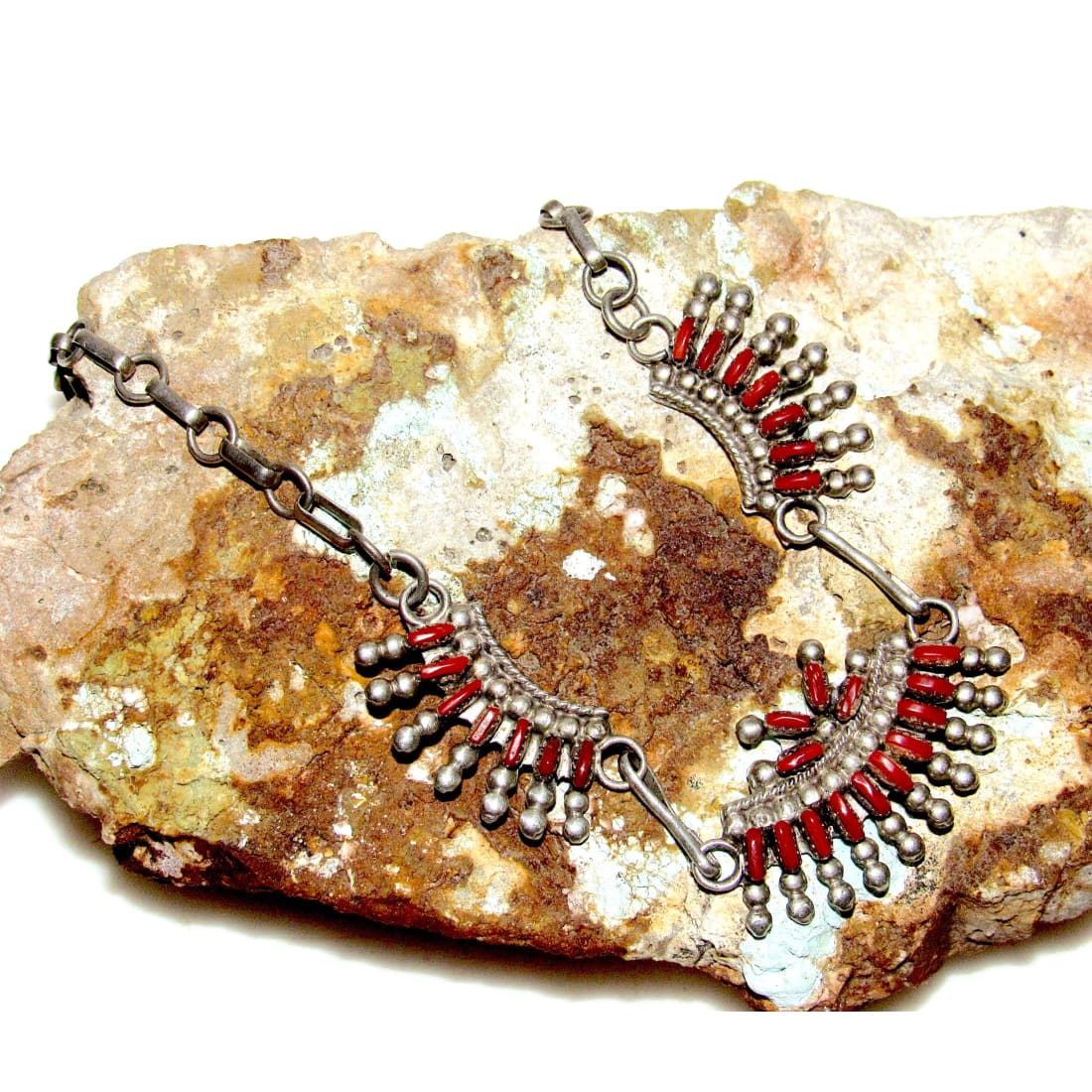 VTG Zuni Coral Necklace Sterling Silver Native American