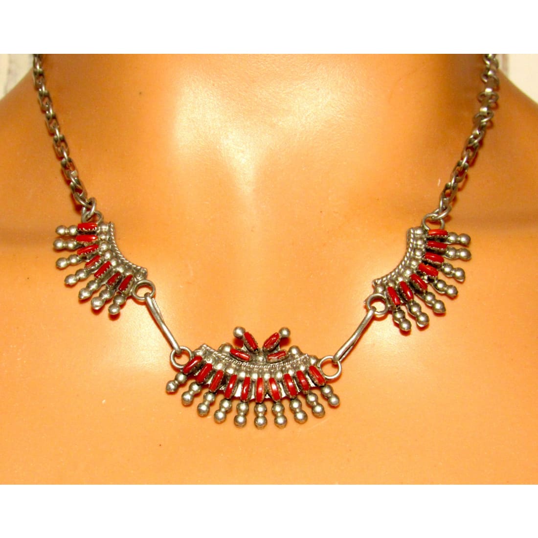 VTG Zuni Coral Necklace Sterling Silver Native American