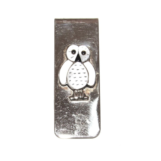 VTG Zuni Silver Snow Owl Inlay Money Clip Native American