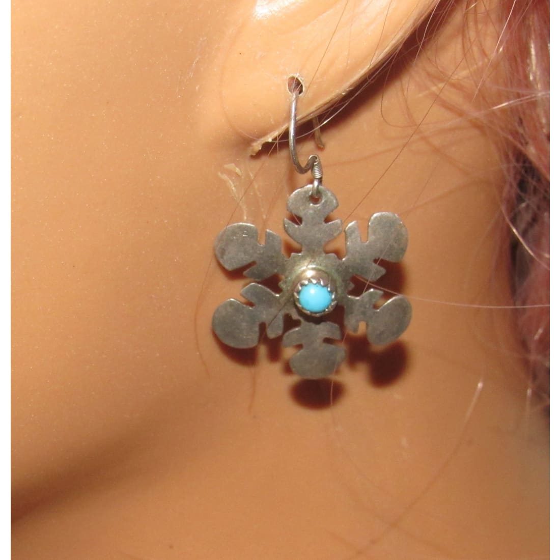 VTG Zuni Snowflake Dangle Earrings Turquoise Sterling