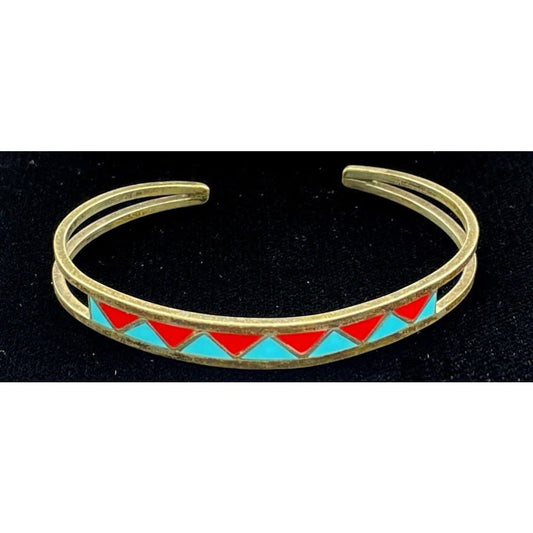 VTG Zuni Turquoise Coral Inlay Stacker Cuff Bracelet