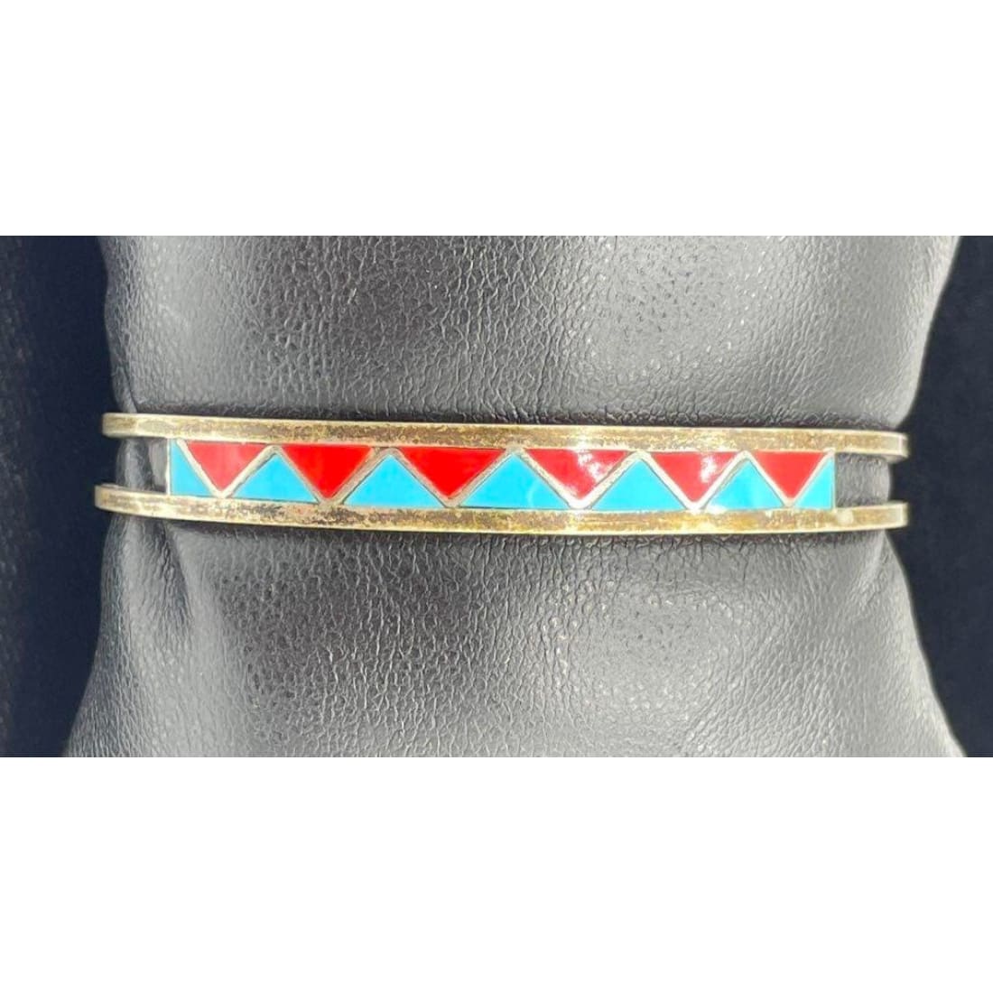 VTG Zuni Turquoise Coral Inlay Stacker Cuff Bracelet