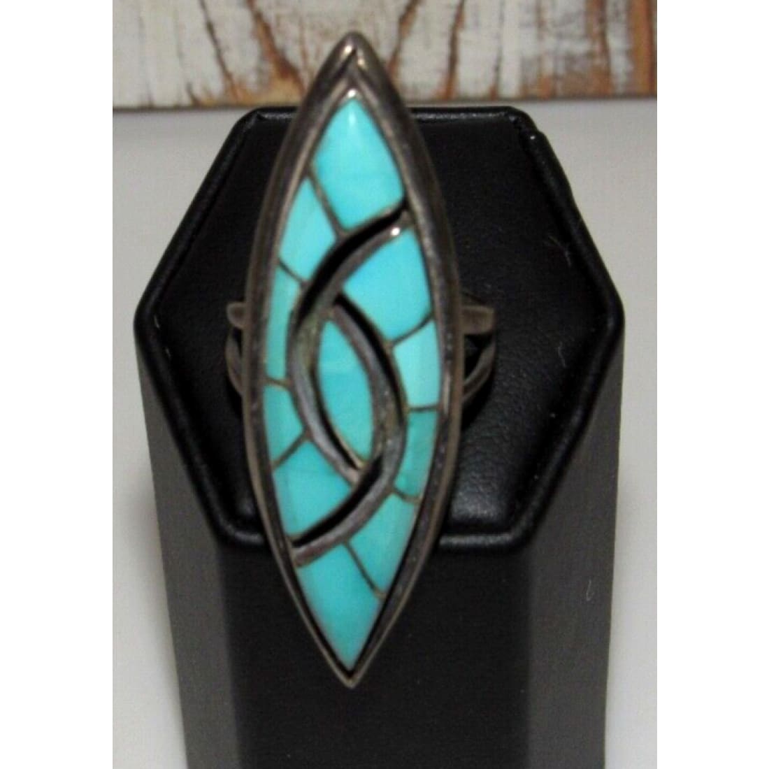 VTG Zuni Turquoise Inlay Statement Ring Size 8 Sterling