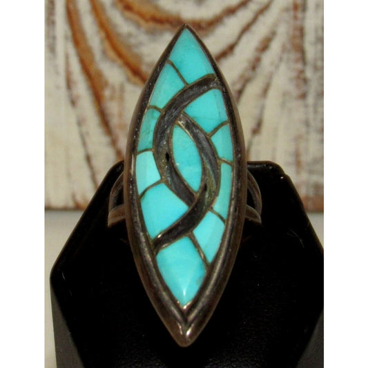 VTG Zuni Turquoise Inlay Statement Ring Size 8 Sterling