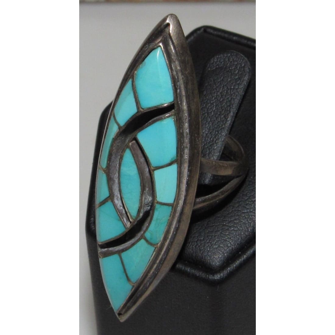 VTG Zuni Turquoise Inlay Statement Ring Size 8 Sterling