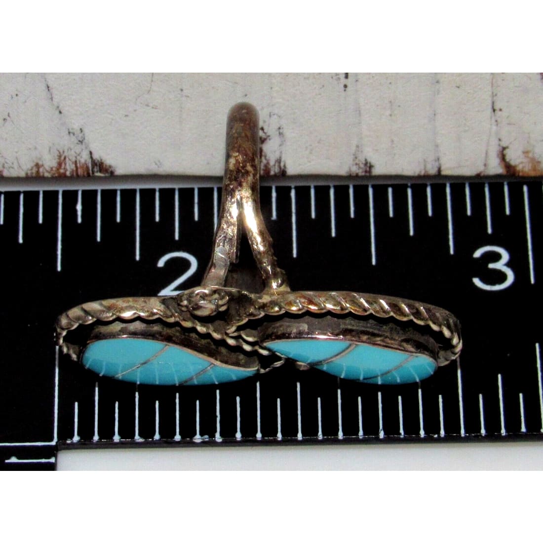 VTG Zuni Turquoise Inlay Sterling Silver Ring Sz. 6 Faye