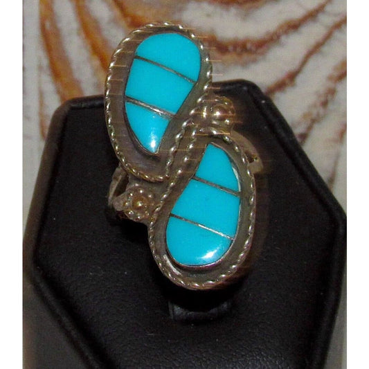 VTG Zuni Turquoise Inlay Sterling Silver Ring Sz. 6 Faye