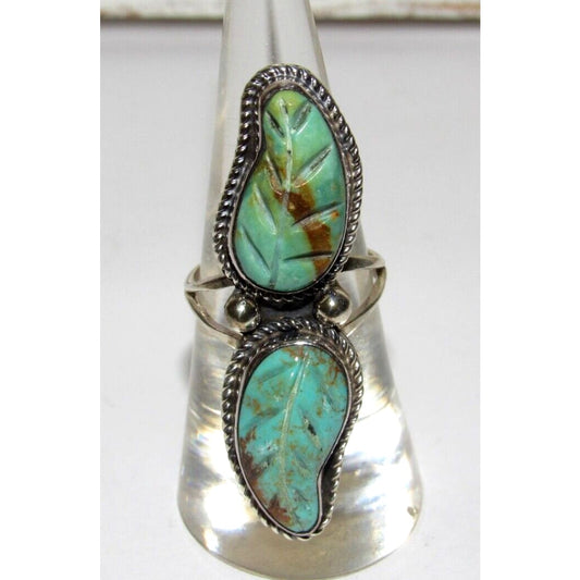 Zuni Carved Turquoise Leaf Ring Size 7 Sterling Silver 