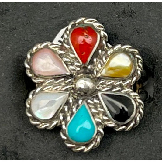 Zuni Cluster Ring Sz 6.5 Sterling Silver Turquoise Coral
