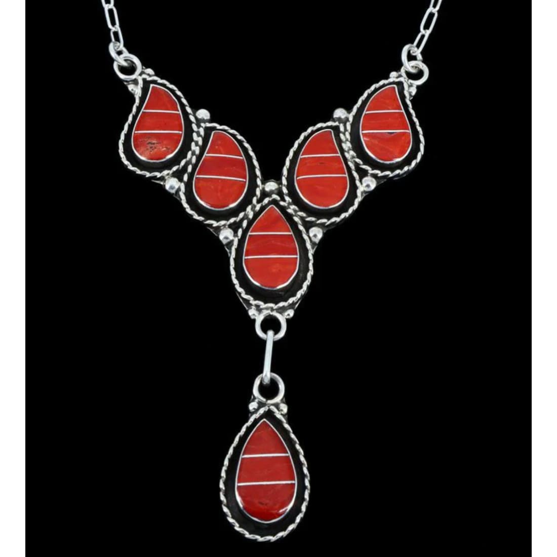 Zuni Coral Inlay Necklace and Earrings Set Sterling Silver F