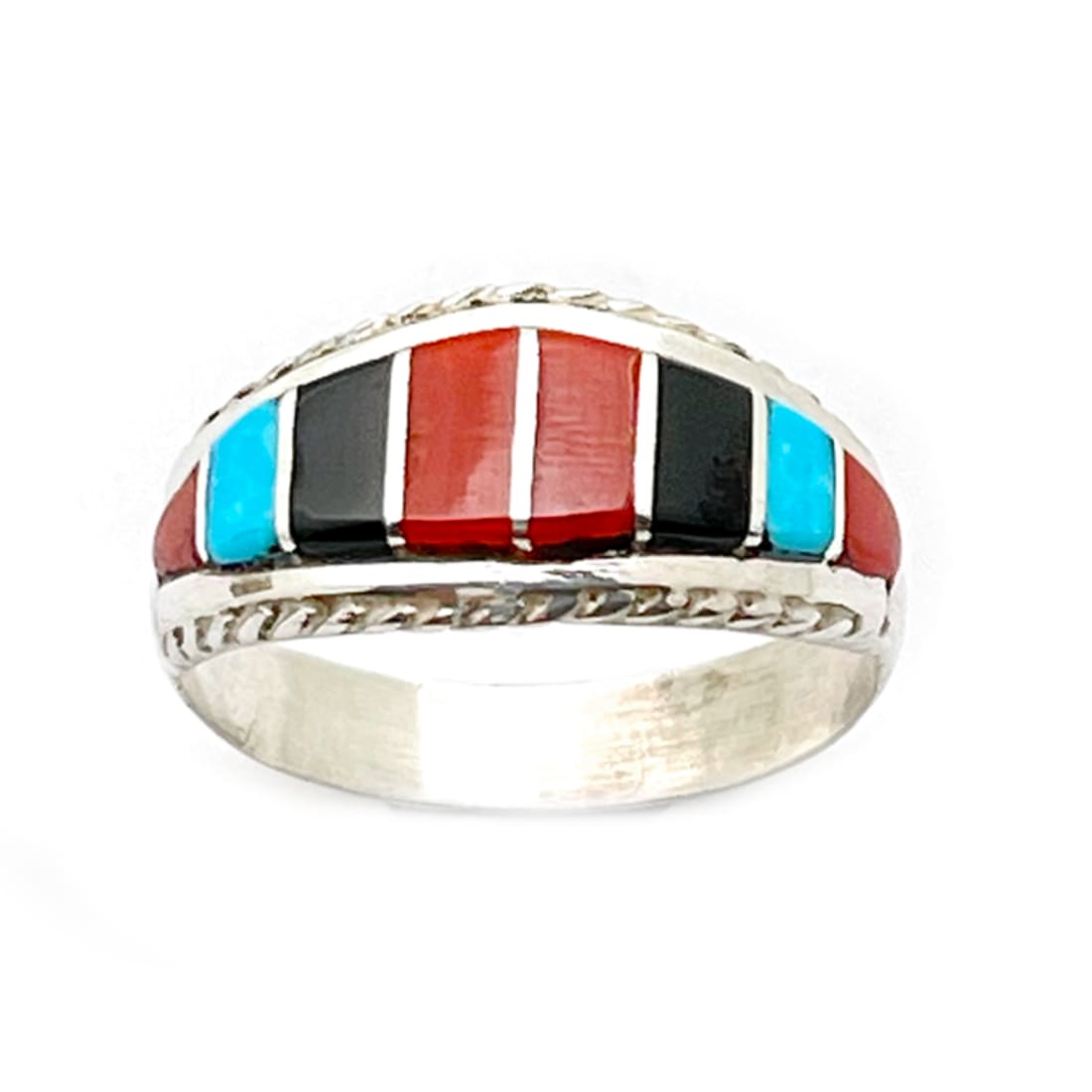 Zuni Coral Inlay Ring Sz 8 Sterling Silver M. Peynesta