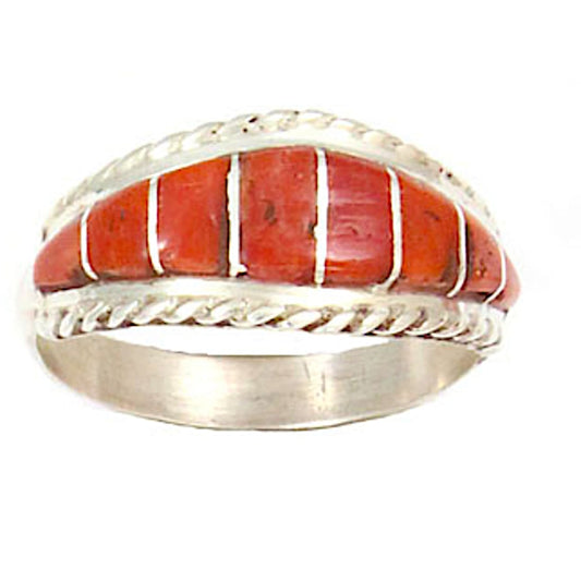 Zuni Coral Inlay Ring Sz 9 Sterling Silver M. Peynesta