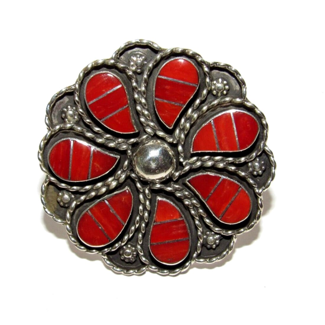 Large Zuni Coral Inlay Statement Ring Sz 8 Faye Lowsayatee