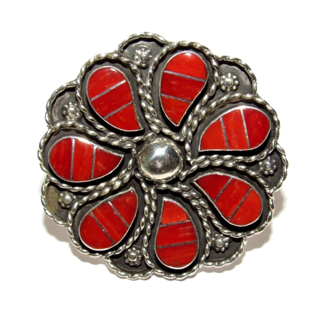 Large Zuni Coral Inlay Statement Ring Sz 8 Faye Lowsayatee